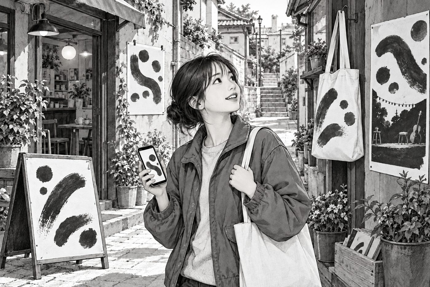 입간판에서 굿즈까지, 같은 획의 인상이 동네 곳곳에서 말을 건다.